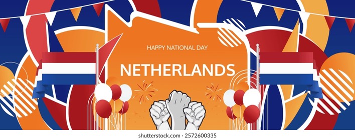 Netherlands Liberation Day modern greeting banner. 5th May Happy National Day. Holidays abstract concept in pop colors. Great for event like carnival, feast poster, support, culture and tourism