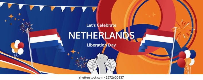 Netherlands Liberation Day modern greeting banner. 5th May Happy National Day. Holidays abstract concept in pop colors. Great for event like carnival, feast poster, support, culture and tourism