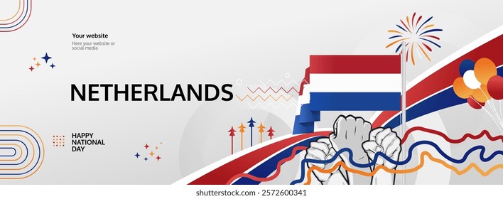 Netherlands Liberation Day modern greeting banner. 5th May Happy National Day. Holidays abstract concept in pop colors. Great for event like carnival, feast poster, support, culture and tourism