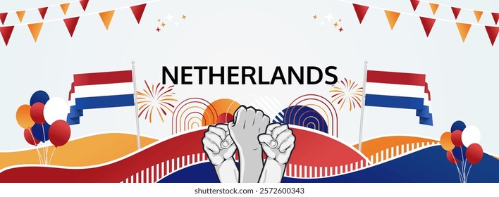 Netherlands Liberation Day modern greeting banner. 5th May Happy National Day. Holidays abstract concept in pop colors. Great for event like carnival, feast poster, support, culture and tourism