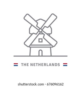 The Netherlands line icon Dutch windmill and flag vector illustration.