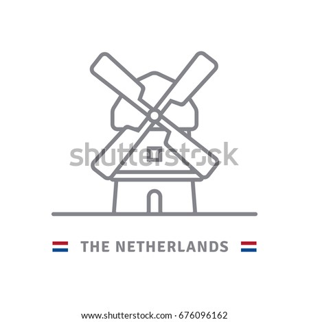 The Netherlands line icon Dutch windmill and flag vector illustration.