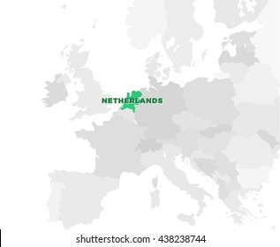 Netherlands location modern detailed map. All european countries without names. Vector template of beautiful flat grayscale map design with selected country name text and border location