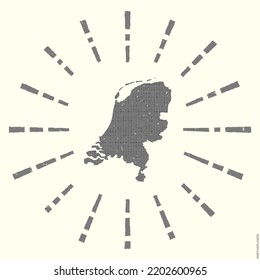 Netherlands Logo. Grunge sunburst poster with map of the country. Shape of Netherlands filled with hex digits with sunburst rays around. Cool vector illustration.