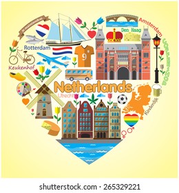 Netherlands love.Set colored flat vector icons and symbols in form of heart