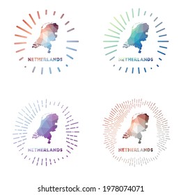 Netherlands low poly sunburst set. Logo of the country in geometric polygonal style. Vector illustration.