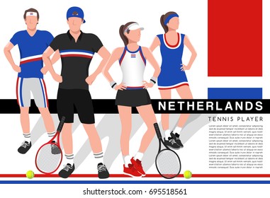 Netherlands : Male and Female Tennis Players in National Outfits : Vector Illustration