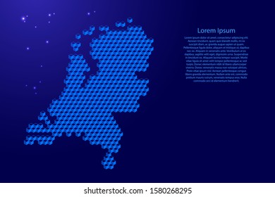 Netherlands map from 3D blue cubes isometric abstract concept, square pattern, angular geometric shape, glowing stars. Vector illustration.