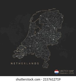 Mapa neerlandés del concepto de malla geométrica abstracta de luz poligonal con líneas de contorno de color negro y blanco países y puntos sobre fondo oscuro. Ilustración vectorial.