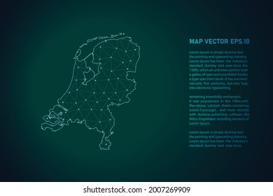 mapa de los países bajos. Resumen de la línea de purga y las escalas de puntos en el fondo oscuro. Línea de red poligonal de malla 3D, esfera de diseño, punto y estructura. Ilustración vectorial eps 10.