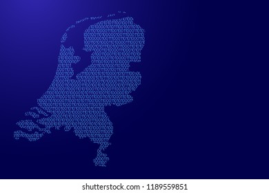 Netherlands map abstract schematic from blue ones and zeros binary digital code for banner, poster, greeting card. Vector illustration.