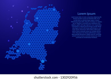 Netherlands map abstract schematic from blue triangles repeating pattern geometric background with nodes and space stars for banner, poster, greeting card. Vector illustration.