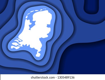 Netherlands map abstract schematic from blue layers paper cut 3D waves and shadows one over the other. Layout for banner, poster, greeting card. Vector illustration.
