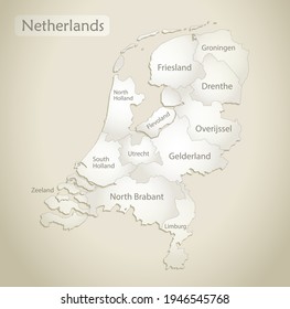 Netherlands map, administrative division with names, old paper background vector