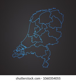 Netherlands map: blue glitter outline with sparkling stars on dark background. Detailed map of Netherlands. Vector illustration.