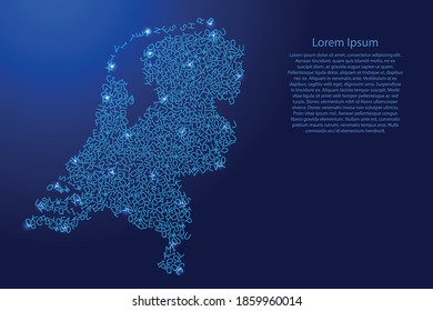 Mapa holandés de las letras dispersas del alfabeto latino de patrón azul y de la rejilla de las estrellas espaciales brillantes. Ilustración vectorial.