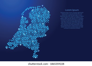 Netherlands map from blue pattern rhombuses of different sizes and glowing space stars grid. Vector illustration.