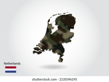 Netherlands map with camouflage pattern, Forest - green texture in map. Military concept for army, soldier and war. coat of arms, flag.