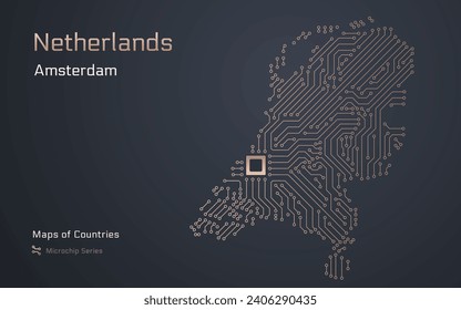 Netherlands Map with a capital of Amsterdam Shown in a Microchip Pattern with processor. E-government. World Countries vector maps. Microchip Series