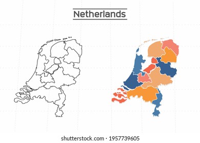 Netherlands map city vector divided by colorful outline simplicity style. Have 2 versions, black thin line version and colorful version. Both map were on the white background.