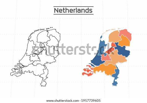 Netherlands map city vector\
divided by colorful outline simplicity style. Have 2 versions,\
black thin line version and colorful version. Both map were on the\
white background.