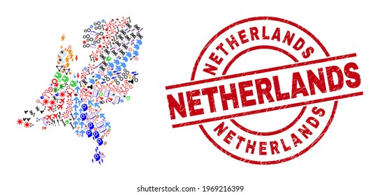 Netherlands map collage and unclean Netherlands red circle badge. Netherlands badge uses vector lines and arcs. Netherlands map collage includes gears, homes, screwdrivers, bugs, people,