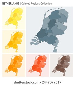 Netherlands map collection. Country shape with colored regions. Blue Grey, Yellow, Amber, Orange, Deep Orange, Brown color palettes. Border of Netherlands with provinces for your infographic.