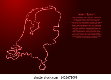Netherlands map from the contour red brush lines and glowing stars on dark background. Vector illustration.