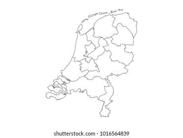 netherlands map with country borders, thin black outline on white background. High detailed vector map with counties/regions/states - netherlands. contour, shape, outline, on white.