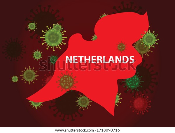 Netherlands map with covid-19 virus concept. Coronavirus is spread to all over the world and infected to countries. Vector illustration of red map design with influenza virus.