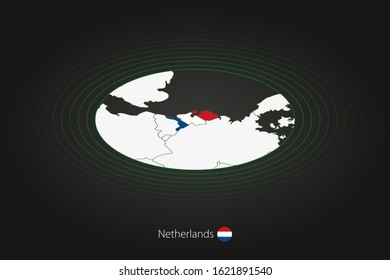 Netherlands map in dark color, oval map with neighboring countries. Vector map and flag of Netherlands
