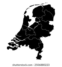Mapa de los Países Bajos con bordes detallados, destacando las regiones de Country. Ilustración vectorial editable, escalable e imprimible aislada sobre fondo blanco