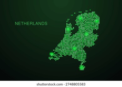 Netherlands Map - Digital dotted map with glowing green points on dark background, modern technology style, abstract data network design, clean minimal geometric vector illustration.