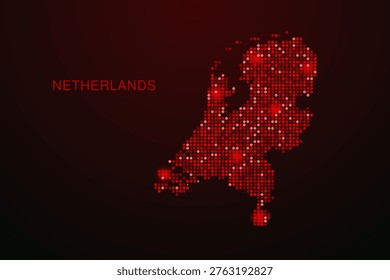 Netherlands Map - Digital dotted map with glowing red points on dark background, modern technology style, abstract data network design, clean minimal vector illustration.