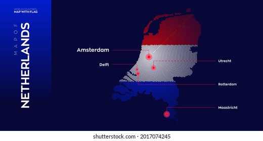 Netherlands map with flag info graphic. Abstract vector map of Netherlands with capital and major cities. Dots composition map on dark background.
