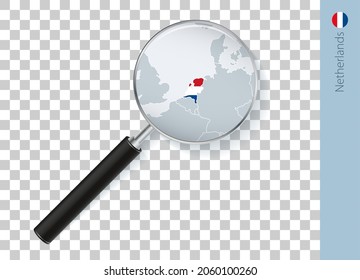 Netherlands map with flag in magnifying glass on transparent background. Vector loupe with map.