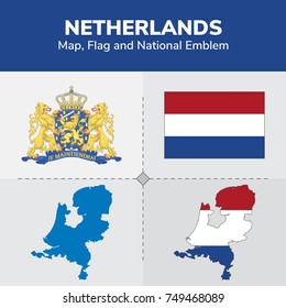Netherlands Map, Flag and National Emblem 