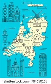 The Netherlands map in flat line design with top-rated attractions and symbols of Holland. Vector illustration for tourist guides, books, advertising, graphic, infographic and web design concepts. 
