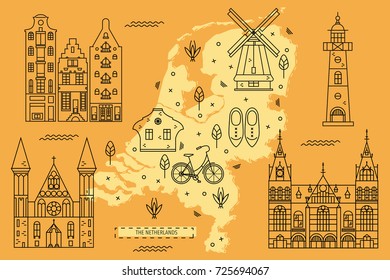 The Netherlands map in flat line design with attractions, symbols and decoration. Vector illustration of Holland territory for tourist guides and books, banners, flyers, covers and backgrounds.