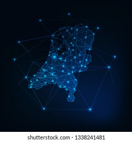 Netherlands map glowing silhouette outline made of stars lines dots triangles, low polygonal shapes. Communication, internet technologies concept. Wireframe futuristic design. Vector illustration