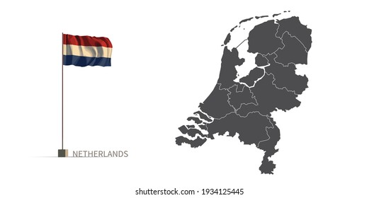 Netherlands map. gray national vector map, and flag 3d illustration.
