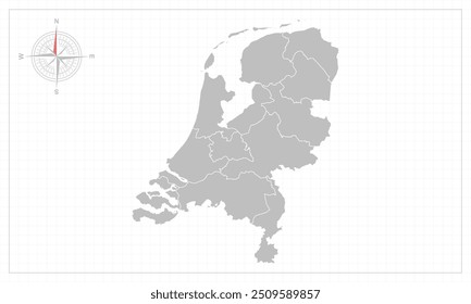 Netherlands map with grey style and compas element.