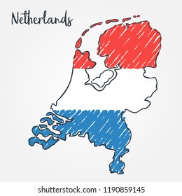 Netherlands map hand drawn sketch. Vector concept illustration flag, children's drawing.
