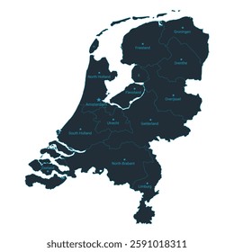 Netherlands map high detailed with administrative divide by state, capital cities names, outline simplicity style. Vector illustration EPS10.