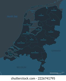 Mapa de los Países Bajos. Mapa detallado de los Países Bajos con países, fronteras, ciudades, objetos acuáticos. Ilustración vectorial eps10.