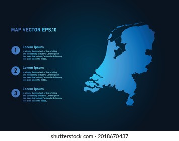 Netherlands map, infographic style , on dark background with Map World. Wire frame 3D mesh , map 3D,
