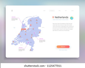 Netherlands map infographics vector template with cities, capital Amsterdam and pointer marks.