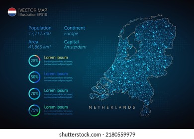 Netherlands map infographics vector template with abstract geometric mesh polygonal light concept on blue background. Template for diagram, graph, presentation and chart.