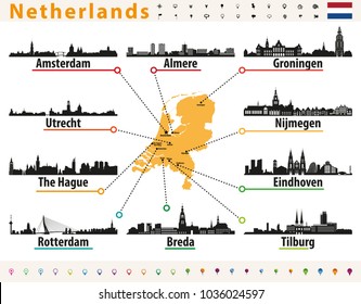 Netherlands map with largest cities skylines silhouettes