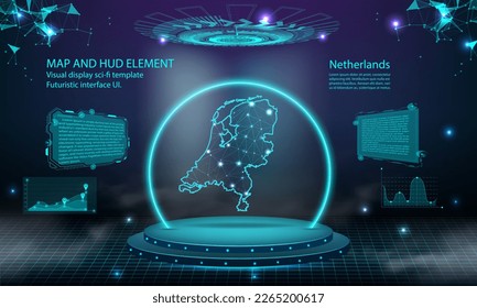 netherlands map light connecting effect background. abstract digital technology UI, GUI, futuristic HUD Virtual Interface with netherlands map. Stage futuristic podium in fog.